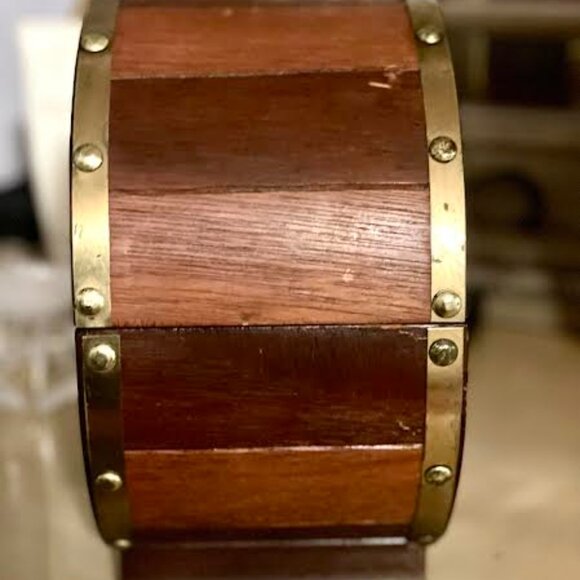 Vintage Wooden Brass Trim Jewelry Box Round Whiskey Barrel Shape - Picture 5 of 10